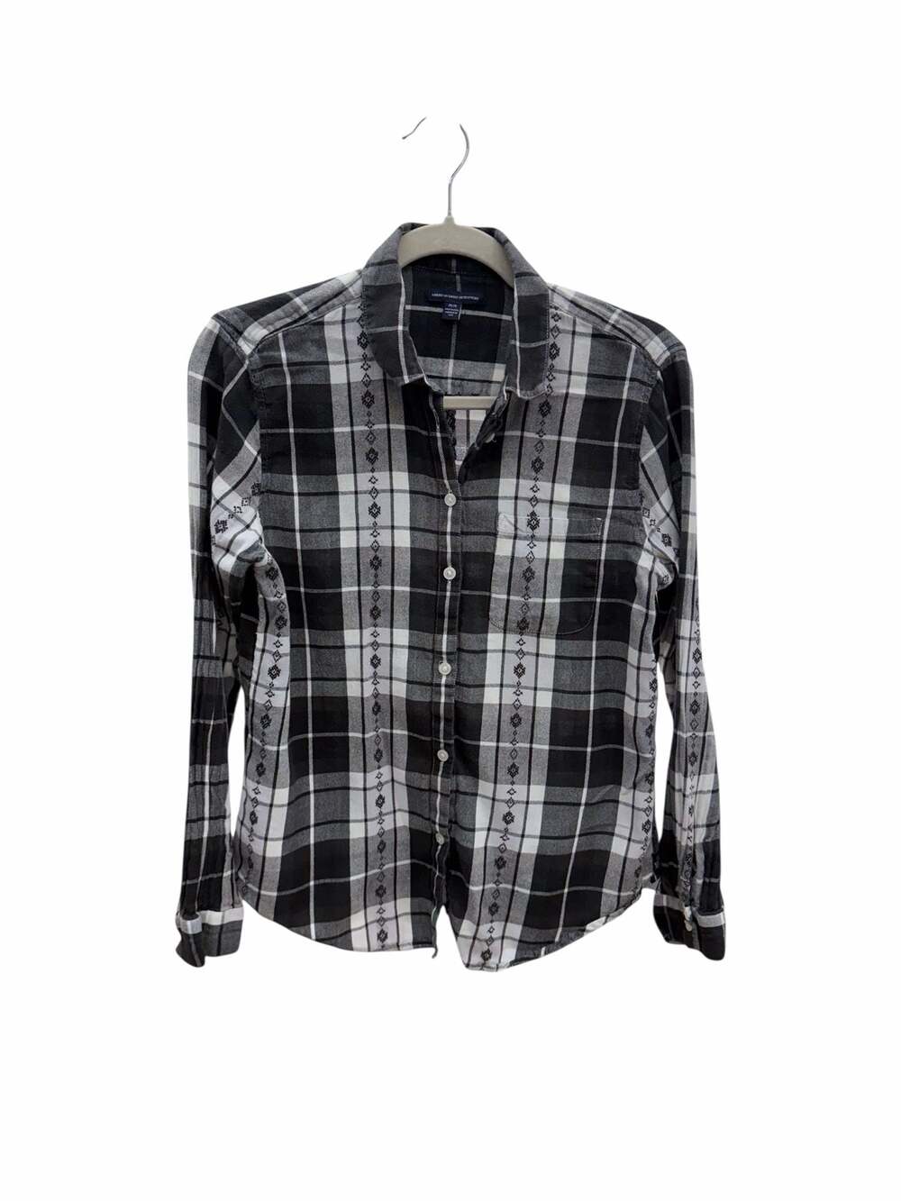 American Eagle Women's M Plaid Flannel Button Up Shirt with Tribal Embroidery
